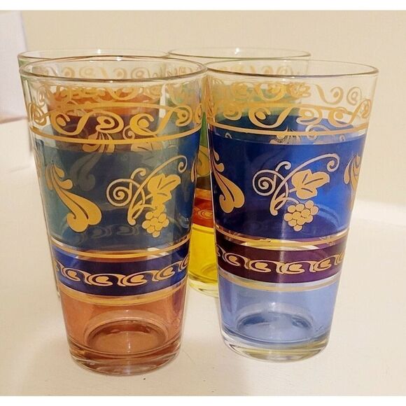 Set of 4 Vintage Moroccan MultiColor Gold Floral Design Juice Glasses 3 X 5.5 - Picture 4 of 7